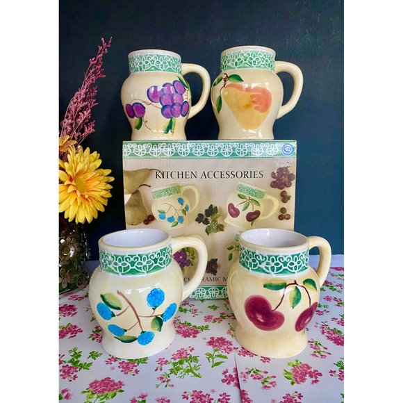 Alco Belaggio 4 mugs, NEW, ceramic, mug set, 20 OZ, decorated w fruit/flowers - Picture 13 of 13